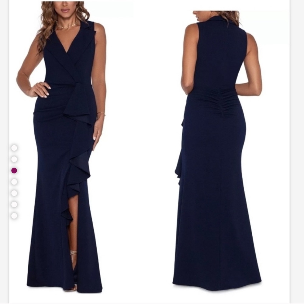 Betsy & Adam dress Candace long v neck high low cascade navy size 6 - Picture 3 of 7